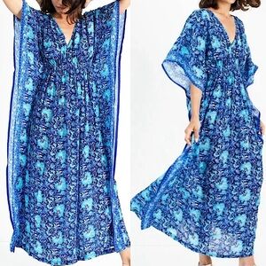 Rujuta Sheth by Anthropologie Maria Cinch Kaftan Blue Garden Print M/L
